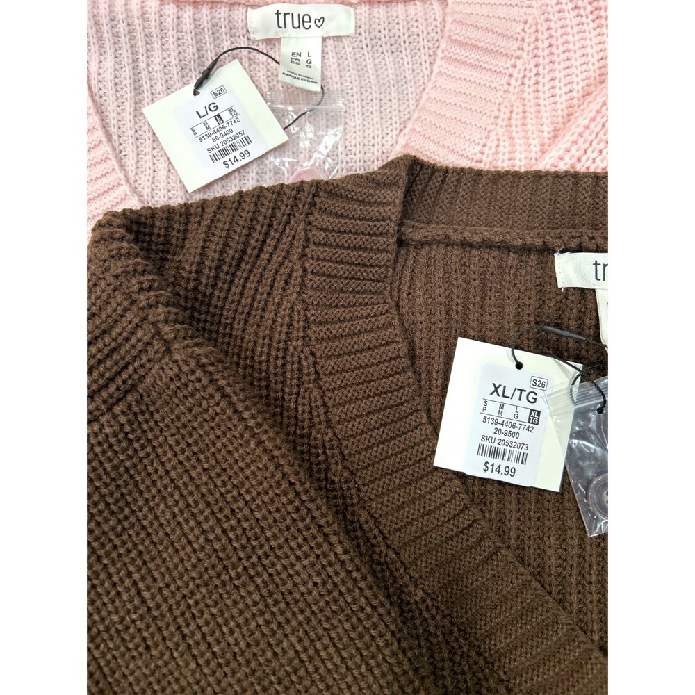True L/xL set of 2 Womens Cropped Ribbed Knit Cardigan Sweater Brown Pink NEW - Picture 2 of 2
